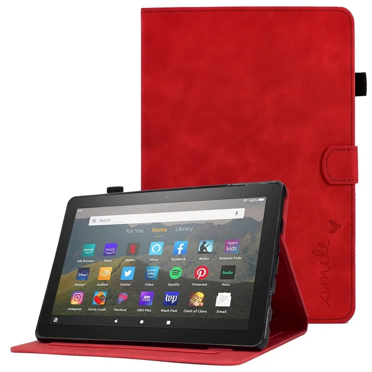 For Amazon Fire 7 (2022) Solid Color Imprinted PU Leather Drop-proof Cover Card Slots Design Flip Stand Protective Case - Red