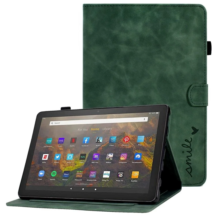 Для Amazon Fire HD 10 (2021) Сплошной Формы Сердца Отпечатанной Кожаной Крышки с Кожаной Крышкой. - Зеленый