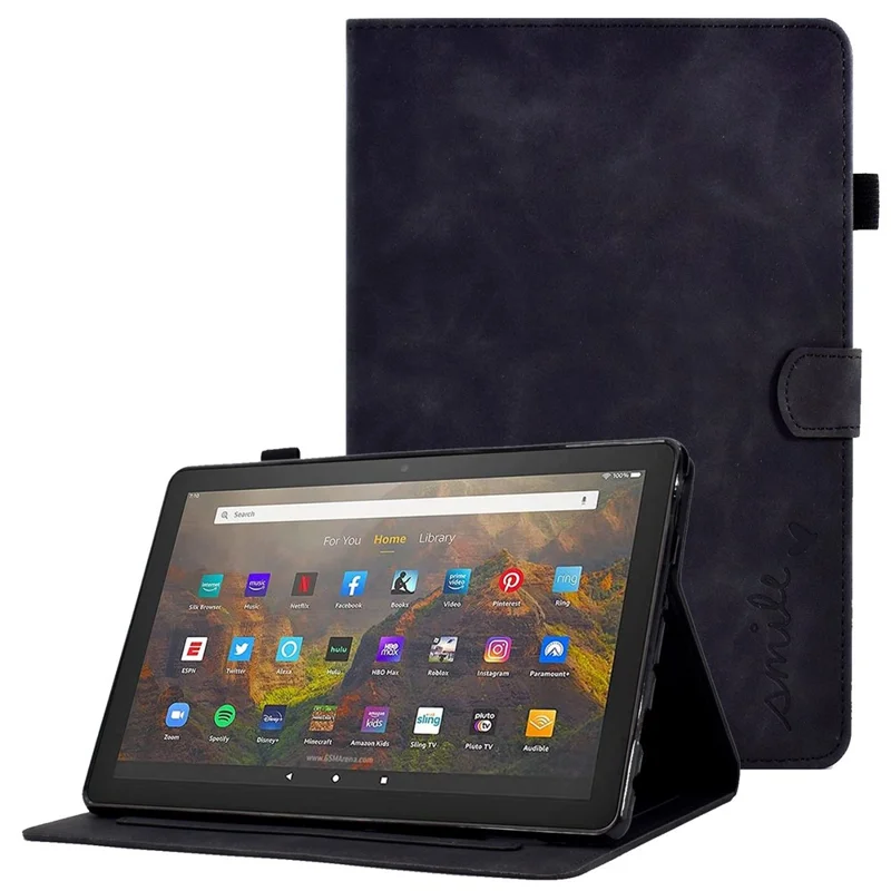 For Amazon Fire HD 10 (2021) Solid Color Heart Shape Imprinted PU Leather Cover Foldable Stand Protective Case with Card Slots - Black