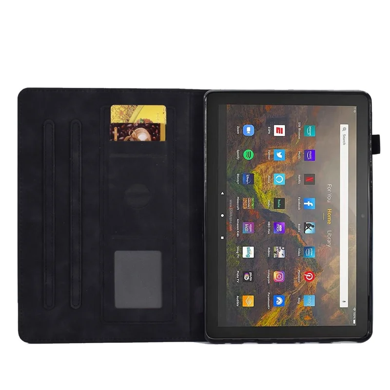 For Amazon Fire HD 10 (2021) Solid Color Heart Shape Imprinted PU Leather Cover Foldable Stand Protective Case with Card Slots - Black