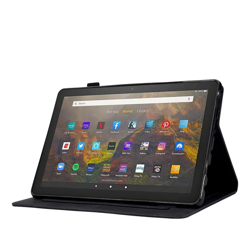 For Amazon Fire HD 10 (2021) Solid Color Heart Shape Imprinted PU Leather Cover Foldable Stand Protective Case with Card Slots - Black