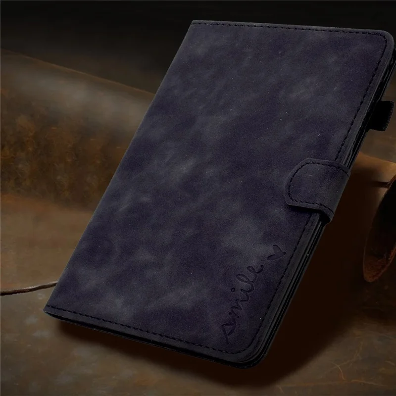 For Amazon Fire HD 10 (2021) Solid Color Heart Shape Imprinted PU Leather Cover Foldable Stand Protective Case with Card Slots - Black