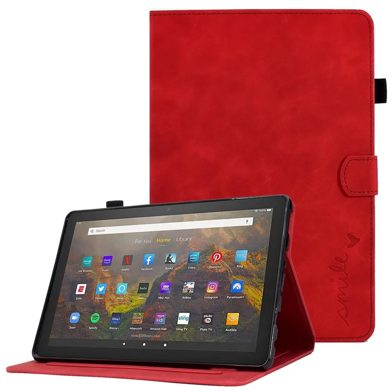 For Amazon Fire HD 10 (2021) Solid Color Heart Shape Imprinted PU Leather Cover Foldable Stand Protective Case with Card Slots - Red