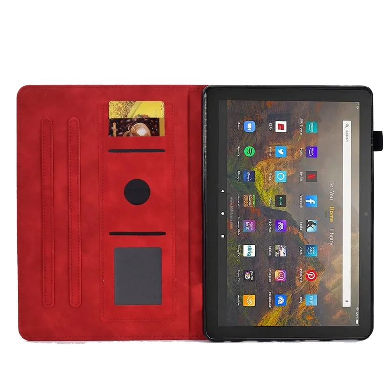 For Amazon Fire HD 10 (2021) Solid Color Heart Shape Imprinted PU Leather Cover Foldable Stand Protective Case with Card Slots - Red