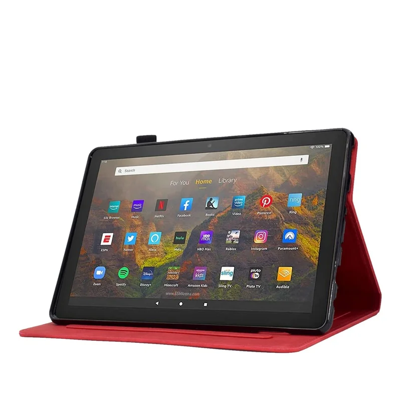 For Amazon Fire HD 10 (2021) Solid Color Heart Shape Imprinted PU Leather Cover Foldable Stand Protective Case with Card Slots - Red