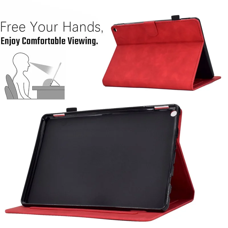 For Amazon Fire HD 10 (2021) Solid Color Heart Shape Imprinted PU Leather Cover Foldable Stand Protective Case with Card Slots - Red