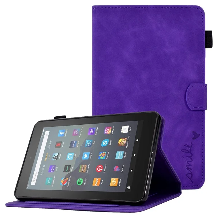 For Amazon Fire 7 (2015) / (2017) / (2019) Heart Shape Imprinted Full Protection Shell Solid Color PU Leather Stand Protective Case with Card Slots - Purple
