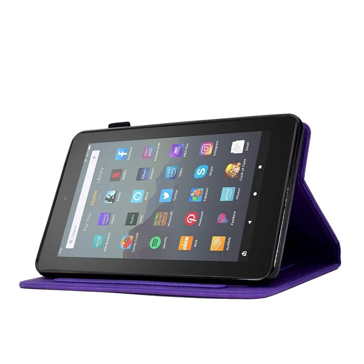 For Amazon Fire 7 (2015) / (2017) / (2019) Heart Shape Imprinted Full Protection Shell Solid Color PU Leather Stand Protective Case with Card Slots - Purple