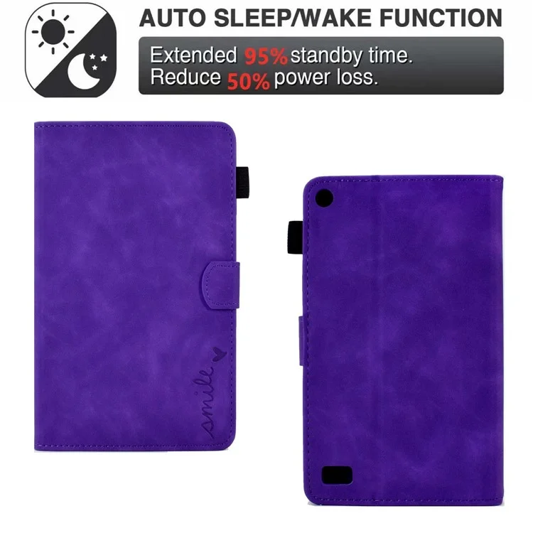 For Amazon Fire 7 (2015) / (2017) / (2019) Heart Shape Imprinted Full Protection Shell Solid Color PU Leather Stand Protective Case with Card Slots - Purple