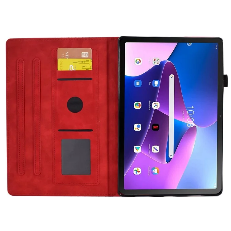 Auto Wake / Sleep Shockproof Case for Lenovo Tab M10 Plus (3rd Gen) / Xiaoxin Pad 2022 10.6 inch Pattern Imprinted Anti-Drop Cover Solid Color Stitching Tablet Leather Stand Case with Card Slots - Red