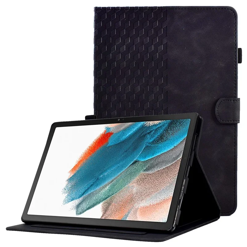 For Samsung Galaxy Tab A8 10.5 (2021) (X200 / X205) / Tab A8 10.5 (2022) Protective Case Stitching Pattern Imprinted Anti-Fall Cover Solid Color Auto Wake / Sleep Tablet Case with Card Slots / Stand - Black