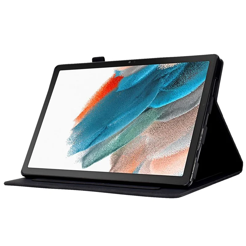 For Samsung Galaxy Tab A8 10.5 (2021) (X200 / X205) / Tab A8 10.5 (2022) Protective Case Stitching Pattern Imprinted Anti-Fall Cover Solid Color Auto Wake / Sleep Tablet Case with Card Slots / Stand - Black