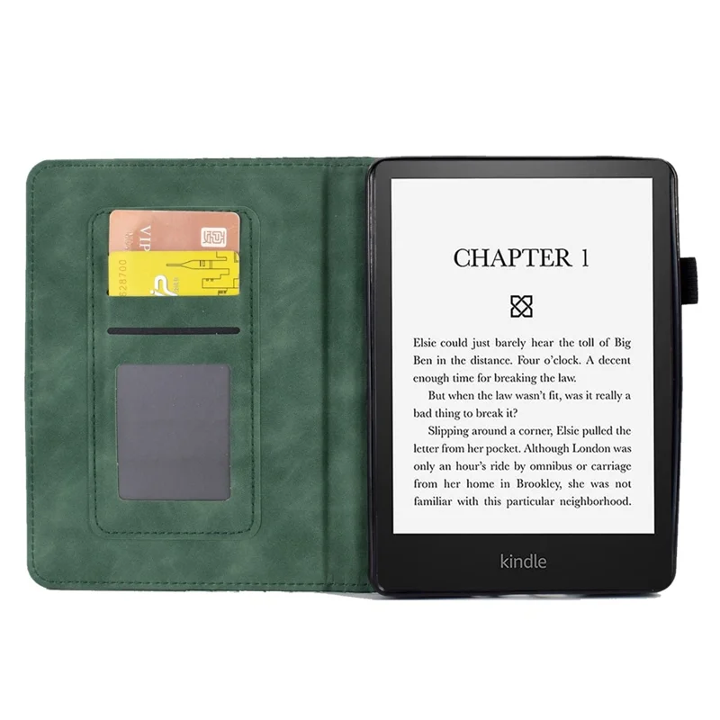 For Amazon Kindle Paperwhite 5 (2021) Anti-Drop Leather Case Auto Wake / Sleep Shockproof Cover Solid Color Pattern Imprinted Tablet Protector with Card Slots / Stand - Green
