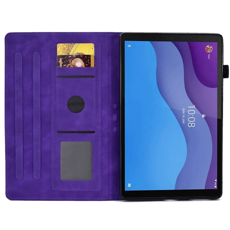 For Lenovo Tab M10 HD Gen 2 X306 10.1" PU Leather Folio Stand Case Pattern Imprinted Magnetic Clasp Smart Cover with Card Slots and Pen Holder - Purple