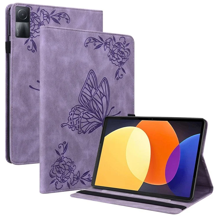 Para Xiaomi Redmi Pad Imprinting Butterfly Flower Pattern Tablet Case Card Holder PU Leather Stand Cover with Elastic Band - Roxo