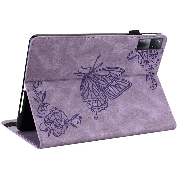 Para Xiaomi Redmi Pad Imprinting Butterfly Flower Pattern Tablet Case Card Holder PU Leather Stand Cover with Elastic Band - Roxo