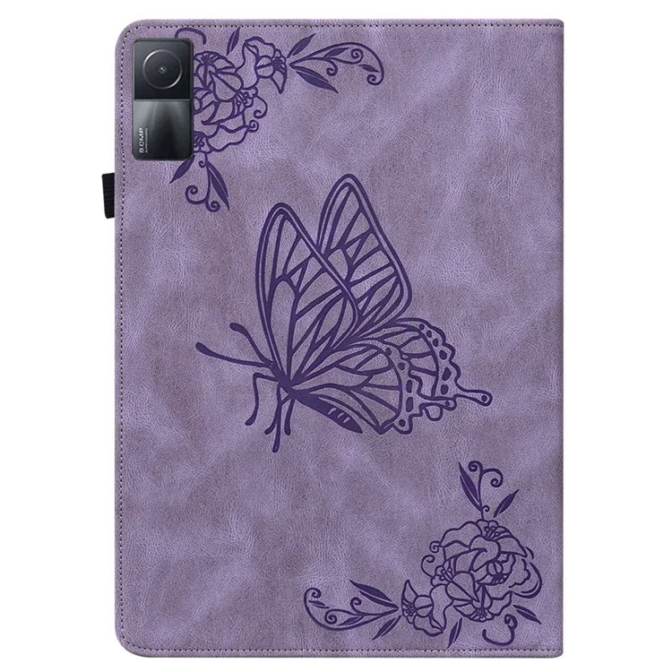 Para Xiaomi Redmi Pad Imprinting Butterfly Flower Pattern Tablet Case Card Holder PU Leather Stand Cover with Elastic Band - Roxo