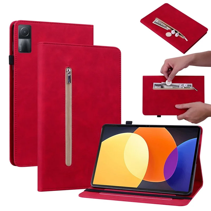 Корпус Планшета Для Кармана на Молнии Для Подушки Xiaomi Redmi, Крышка с Твердым Цветом Кожи Кожи с Эластичной Лентой - Красный