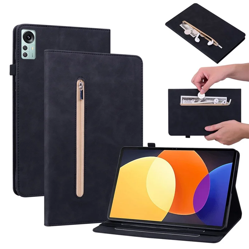 Caso de Couro PU Para Xiaomi Pad 5 Pro 12.4 (2022), Tampa do Comprimido de Cartão de Bolso Com Zíper de Cor Sólida Com Faixa Elástica - Preto