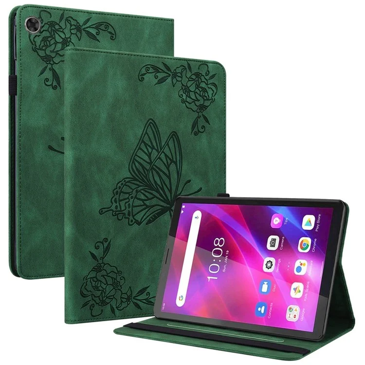 For Lenovo Tab M7 (3rd Gen) Imprinting Butterfly Flower Pattern Tablet Case Shockproof PU Leather Stand Card Holder Protective Cover - Green