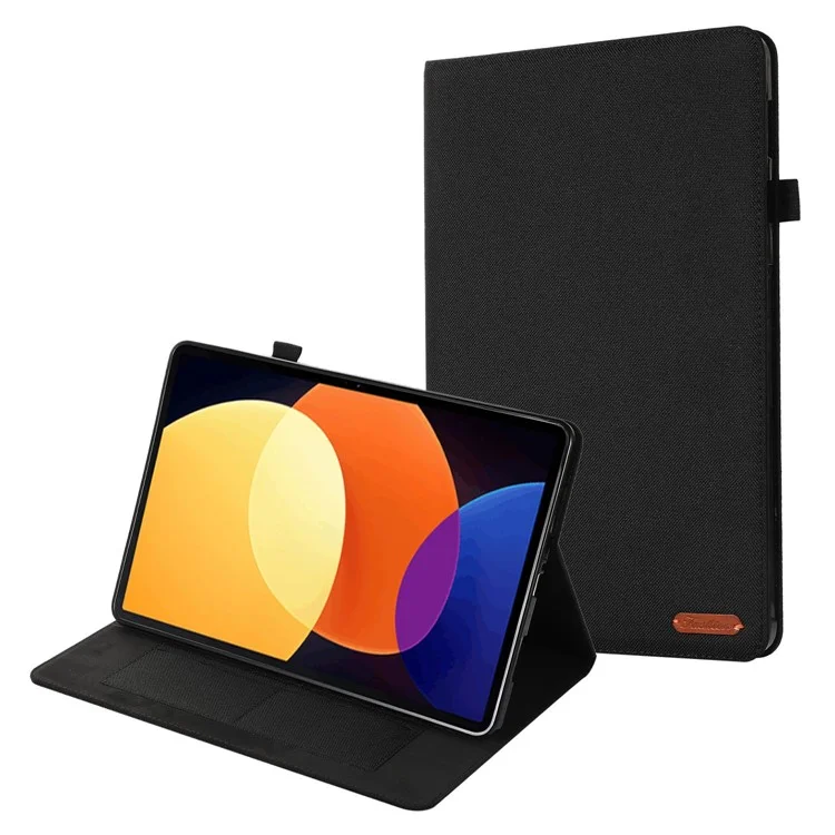 Para Xiaomi Pad 5 Pro 12.4 (2022) Textura de Tela PU Caja de Cuero Cubierta Protectora Con Ranuras Para Tarjetas - Negro