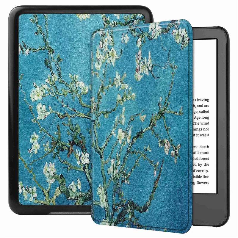 For Amazon Kindle 6 inch (2024) / (2022) PU Leather + PC Protective Case Pattern Printing Auto Sleep / Wake E-Reader Cover - Apricot Blossom