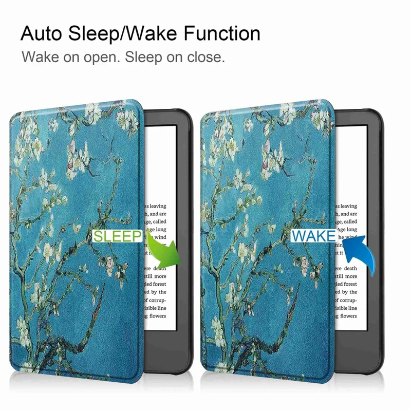 For Amazon Kindle 6 inch (2024) / (2022) PU Leather + PC Protective Case Pattern Printing Auto Sleep / Wake E-Reader Cover - Apricot Blossom