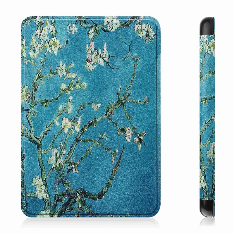 For Amazon Kindle 6 inch (2024) / (2022) PU Leather + PC Protective Case Pattern Printing Auto Sleep / Wake E-Reader Cover - Apricot Blossom