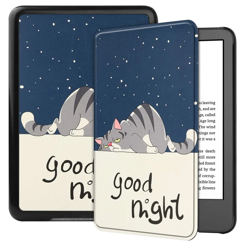 Pour Amazon Kindle 6" (2022) Étui de protection en cuir PU + PC avec motif imprimé, fonction de veille/réveil automatique - Chat