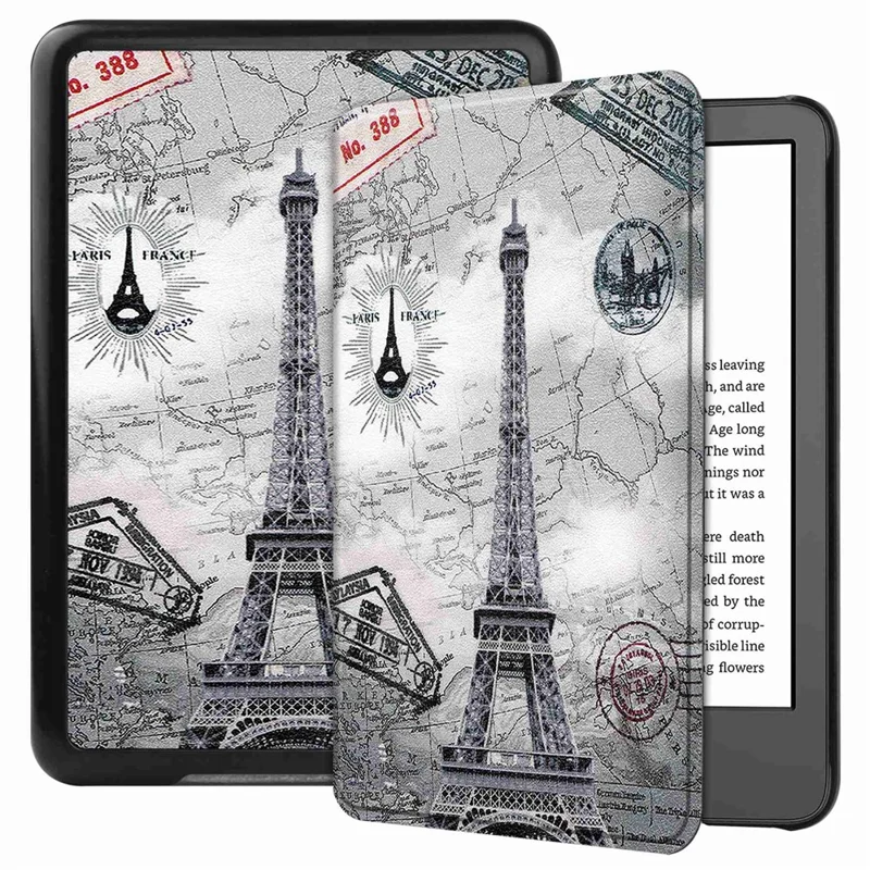 Cover protettiva per Amazon Kindle 6 pollici (2024) / (2022) in ecopelle + PC con stampa motivo a torre vintage, accensione/spegnimento automatico