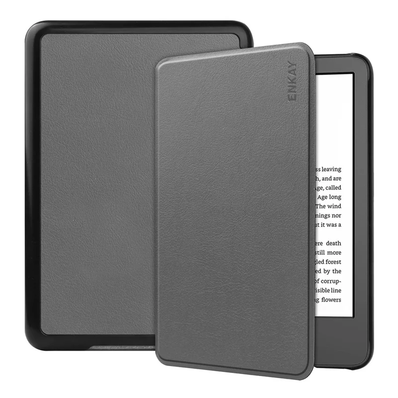 ENKAY For Amazon Kindle 6" (2022) Protective Cover Anti-Drop PU Leather Hard PC Tablet Case with Auto Sleep / Wake Function - Grey