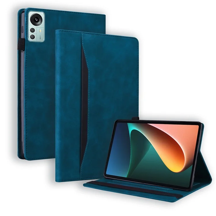 Для Xiaomi Pad 5 Pro PU Кожаная Таблетная Стойка Стенда Стенда Протектора Против Царапин с Держателем Карандаша и Закрытия Эластичной Полосы - Синий