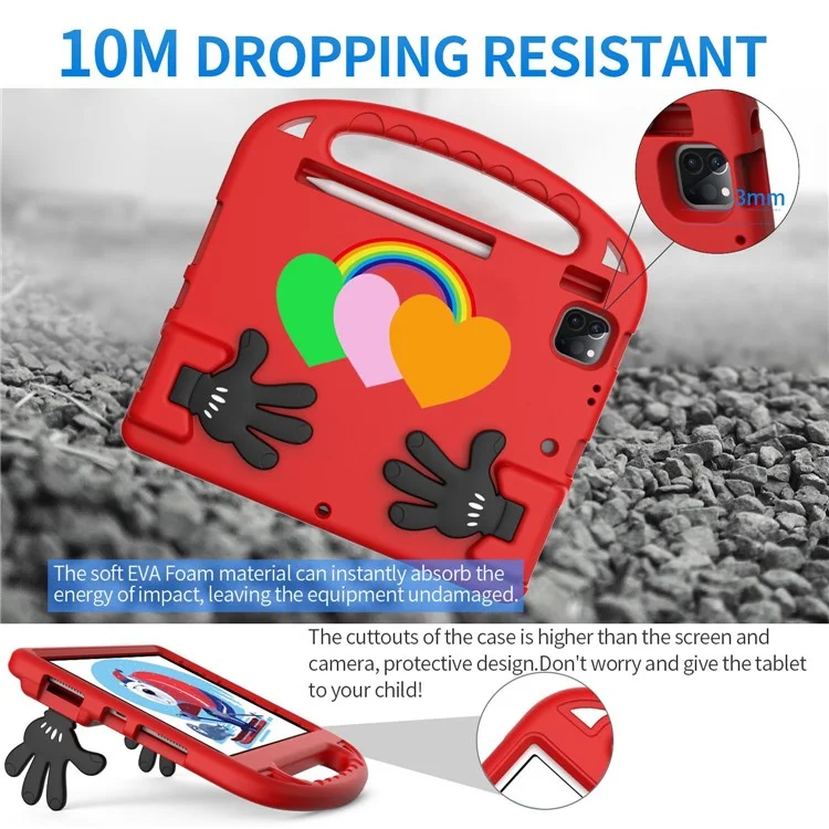 For iPad Air (2020)  /  iPad Pro 11 (2018) / (2020) / (2021) / (2022) EVA Shockproof Case Love Heart Pattern Palm Shape Anti-Drop Tablet Kickstand Case with Grip Handle - Red