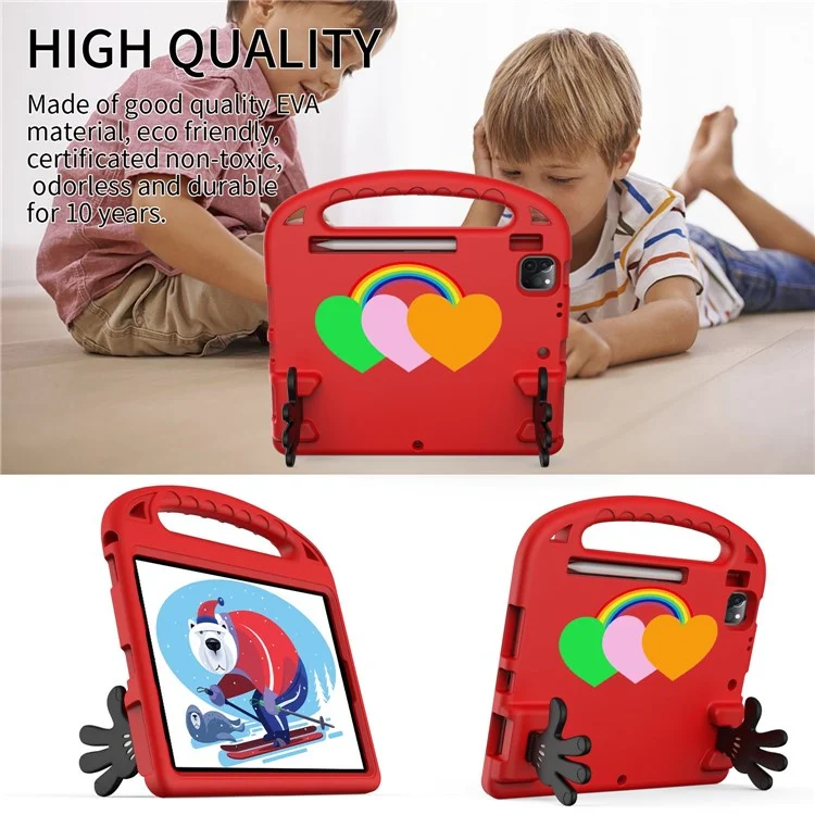 For iPad Air (2020)  /  iPad Pro 11 (2018) / (2020) / (2021) / (2022) EVA Shockproof Case Love Heart Pattern Palm Shape Anti-Drop Tablet Kickstand Case with Grip Handle - Red