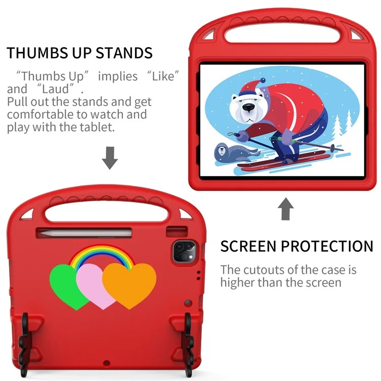 For iPad Air (2020)  /  iPad Pro 11 (2018) / (2020) / (2021) / (2022) EVA Shockproof Case Love Heart Pattern Palm Shape Anti-Drop Tablet Kickstand Case with Grip Handle - Red