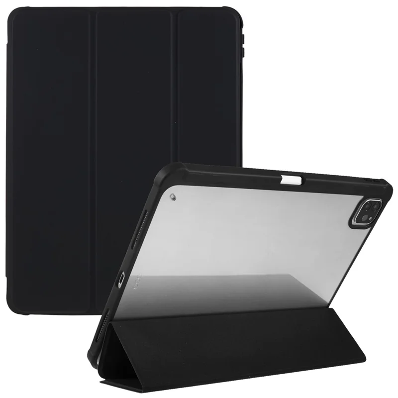 For iPad Pro 11 (2018) / (2020) / (2021) / (2022) Protective Case PU Leather + TPU + Acrylic Tablet Case Tri-fold Stand Shockproof Cover - Black