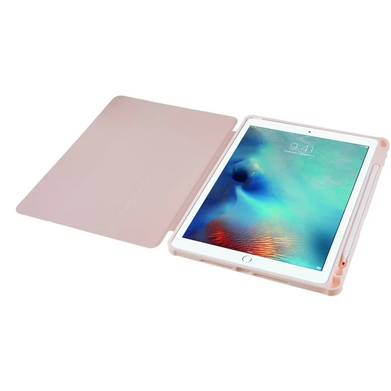 For iPad 10.2 (2021) / (2019) / (2020) Shockproof Case PU Leather + TPU + Acrylic Tablet Case Tri-fold Stand Protective Cover - Pink