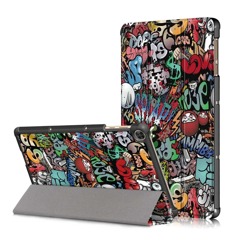 For Honor Pad X8 / X8 Lite / Huawei MatePad T 10 Pattern Printing PU Leather Trifold Stand Cover Fall-proof Tablet Protective Case - Graffiti