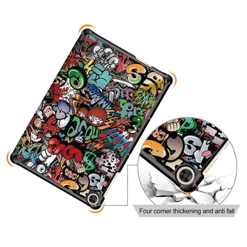 For Honor Pad X8 / X8 Lite / Huawei MatePad T 10 Pattern Printing PU Leather Trifold Stand Cover Fall-proof Tablet Protective Case - Graffiti