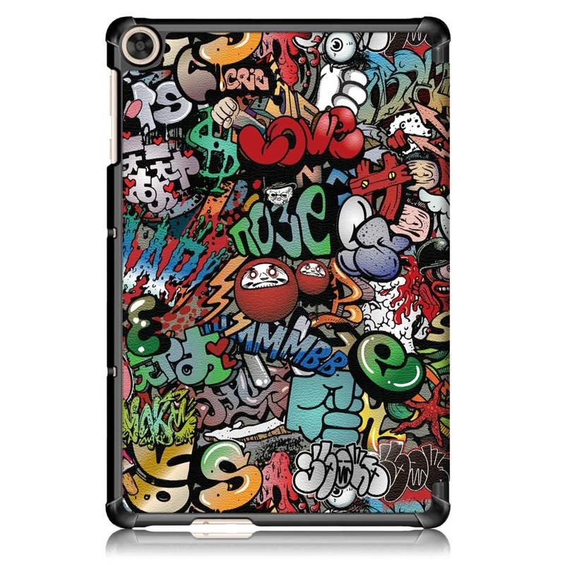 For Honor Pad X8 / X8 Lite / Huawei MatePad T 10 Pattern Printing PU Leather Trifold Stand Cover Fall-proof Tablet Protective Case - Graffiti