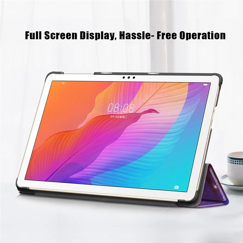 Per Honor Pad X8 / X8 Lite / Huawei MatePad T 10 Pattern Printing PU Leather Trifold Stand Cover Fall-proof Tablet Protective Case - Galaxy