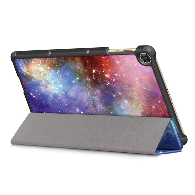 Per Honor Pad X8 / X8 Lite / Huawei MatePad T 10 Pattern Printing PU Leather Trifold Stand Cover Fall-proof Tablet Protective Case - Galaxy