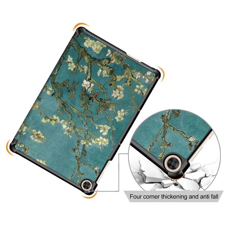 For Honor Pad X8 / X8 Lite / Huawei MatePad T 10 Pattern Printing PU Leather Trifold Stand Cover Fall-proof Tablet Protective Case - Apricot Blossom