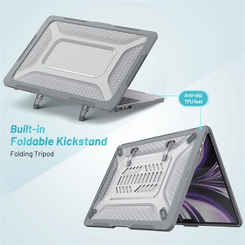 For MacBook Air 13 inch (2026) A3449 / (2025) A3240 / (2024) A3113 / (2022) A2681 Protective Case Anti-Scratch Laptop Hard PC Case with Kickstand - Grey