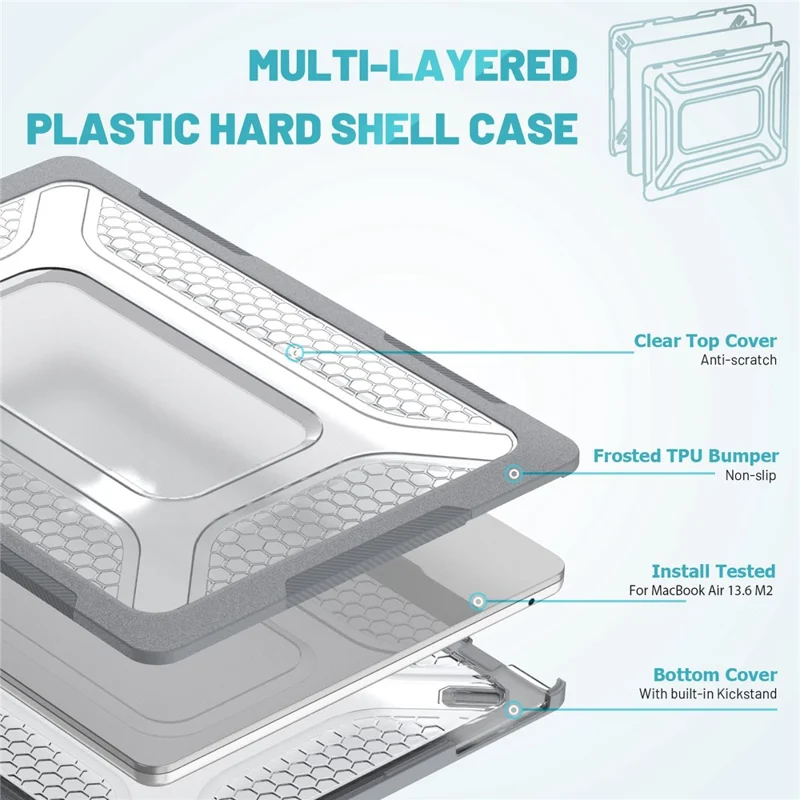 For MacBook Air 13 inch (2026) A3449 / (2025) A3240 / (2024) A3113 / (2022) A2681 Protective Case Anti-Scratch Laptop Hard PC Case with Kickstand - Grey