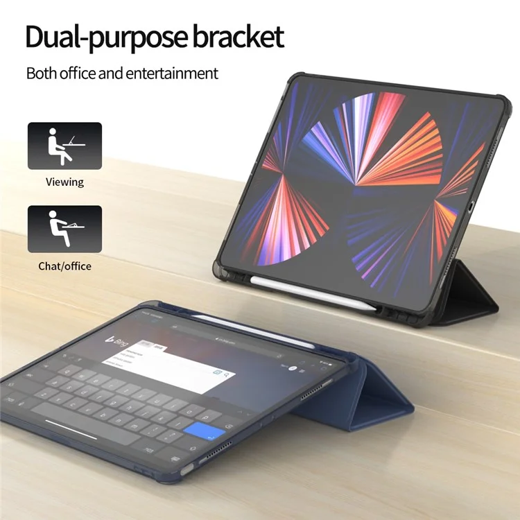 Para Ipad Pro 12.9 (2020) /(2021) /(2022) PU Cuero de Cuero Cubierta de Stand de Sueño Automático / Wake Smart Tablet Case Con Soporte de Lápiz - Azul Oscuro