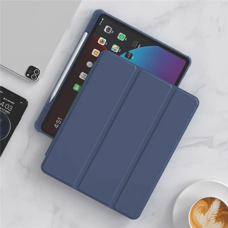 Para Ipad Pro 11 (2020) /(2021) /(2022) PU Cuero Suave TPU Shell Soporte de Soporte Trifolio Flip Auto Sleep / Estuche de Tableta de Despertar Con Soporte de Lápiz - Azul Oscuro