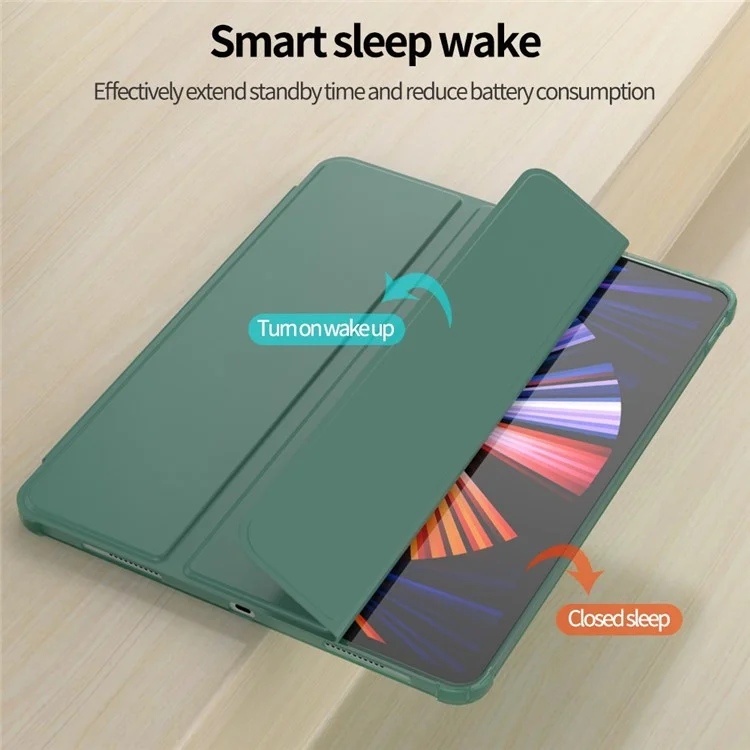 Para Ipad Pro 11 (2020) /(2021) /(2022) PU Cuero Suave TPU Shell Soporte de Soporte Trifolio Flip Auto Sleep / Estuche de Tableta de Despertar Con Soporte de Lápiz - Azul Oscuro