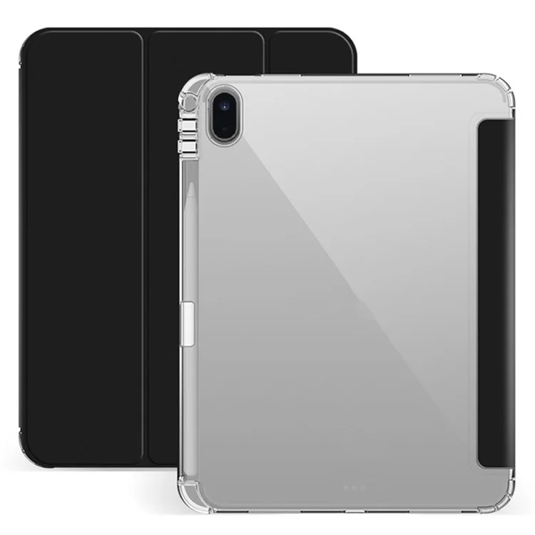 For iPad (2025) / 10.9 (2022) PU Leather Trifold Stand Case Clear Back Cover with Pencil Holder - Black