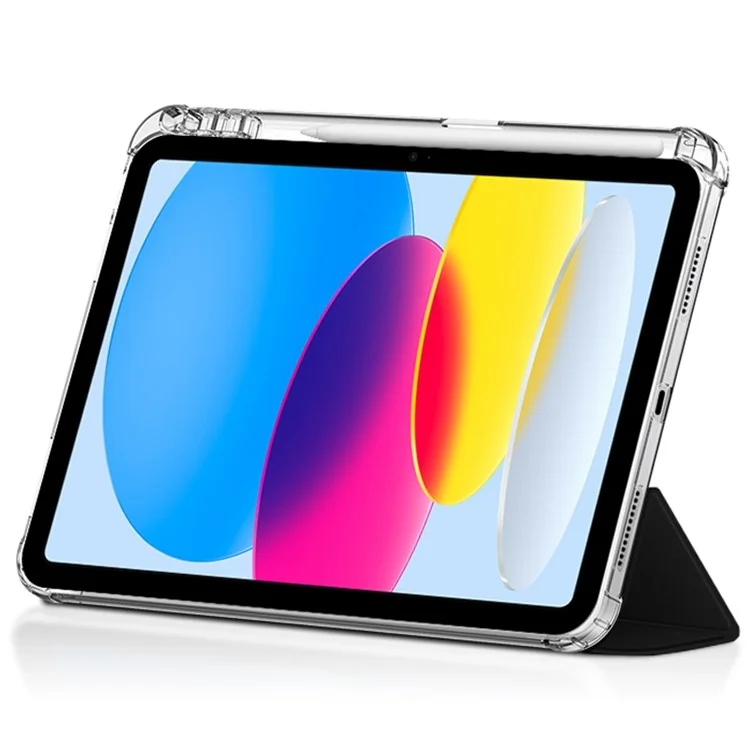 For iPad (2025) / 10.9 (2022) PU Leather Trifold Stand Case Clear Back Cover with Pencil Holder - Black